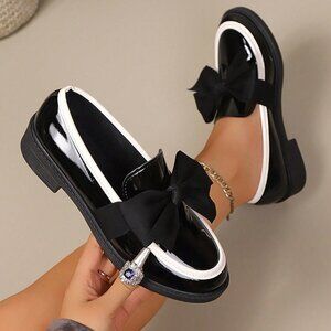 Black Casual Women's Contrast Bow Decor Flat Loafers